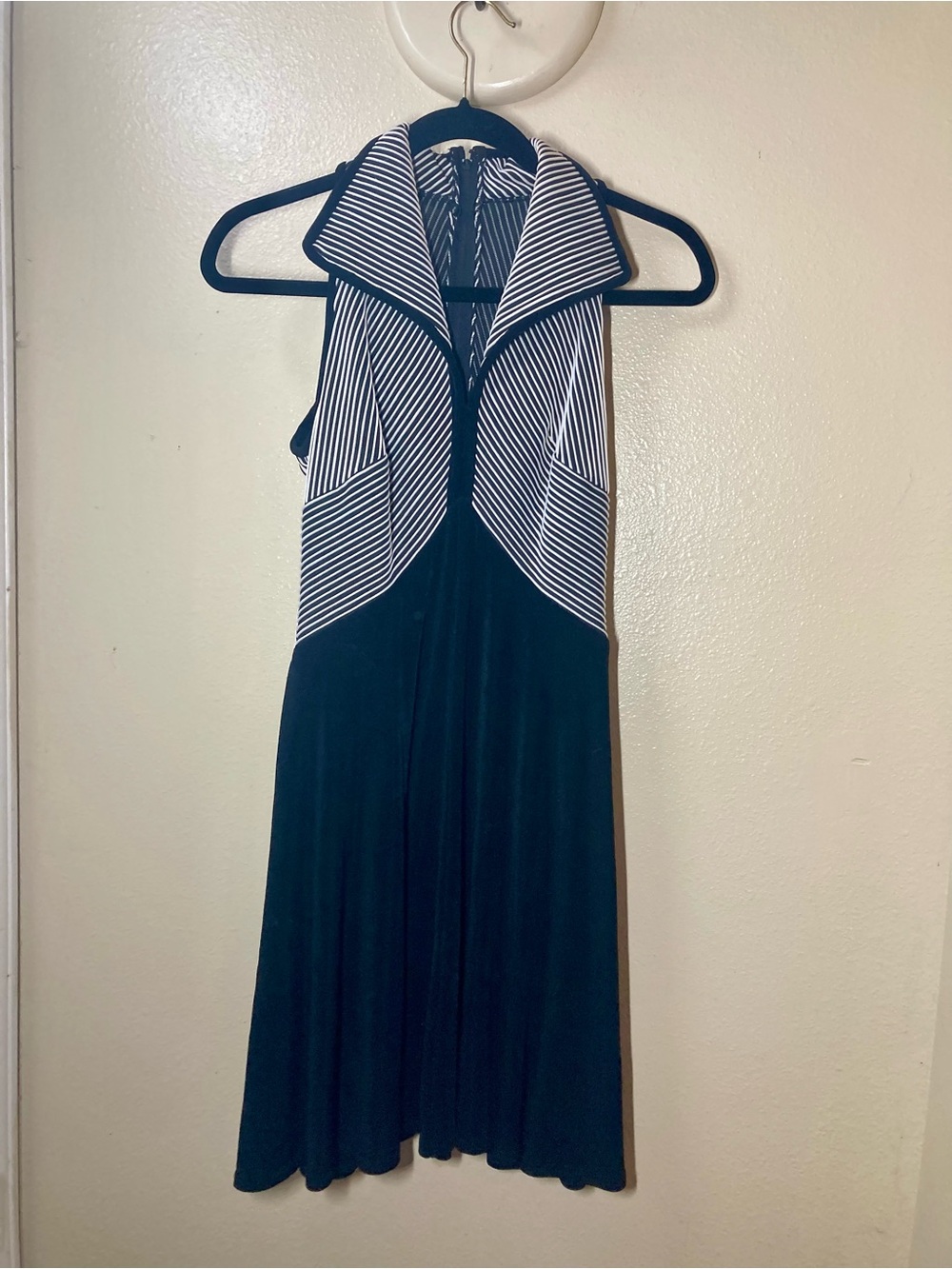 Vintage Tadashi Sleeveless V-Neck Collared Black Midi Dress with White Stripes